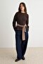 Kahverengi Premium Pileli Peplum Bisiklet Yaka Düşük Kol İnterlok Örme Sweatshirt TWOAW27SW00132 - 2