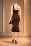 Chain Detail Imported Crepe Fabric Midi Length Fish Dress 582472 Brown - 4