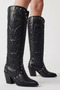 Statice Women's Black Embossed Embroidered Pointed Toe Thick Heeled Below the Knee Cowboy Boots
