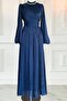 Women's Navy Blue Stone Collar Evening Dress t 6063 - 3