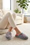 Women's Gray Heart Embroidered Plush House Slippers 3 cm Byndfkb02 - 2
