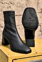 Women's Black Blunt Toe Leather Plain Thick Heeled Side Zipper Stretch Boots - 4