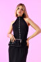 Women's Black High-Neck Pearl Buttoned Draped Backless Long Evening Dress - 2