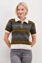 Striped Half Button Polo Collar Short Sleeve Knit Sweater - 4