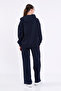 Women's Navy Blue Regular Fit Basic Elastic Waist Hooded Oversize Seasonal Bottom Top Tracksuit Set - 4