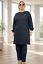 Tricoted Fabric with Rips, Slit Tunic, Elastic Waist Pants, Plus Size, Double Tricoted Set - 2