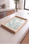 Water Green Abstract Leaf Pattern Natural Wood Framed Rectangular Coffee Presentation, Engagement and Serving Tray - 3