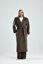 Disere Women's Long Brown Lined Coat with Waist Belt