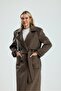Disere Women's Long Brown Lined Coat with Waist Belt - 4