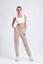 Women's Beige Two-Thread Combed Cotton Embroidered Corded Regular Waist Jogger Sweatpants / School Sweatpants - 4