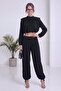 Women's Long Sleeve Crop Top and Tie-Cuff Shalwar Bottom Set Brown, Black - 5