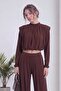 Women's Long Sleeve Crop Top and Tie-Cuff Shalwar Bottom Set Brown, Black - 2