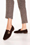Women's Black Genuine Leather Loafer Shoes Hl.33202 Brown Suede - 2