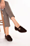 Women's Black Genuine Leather Loafer Shoes Hl.33202 Brown Suede - 3