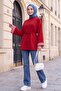 Slit Crew Neck Combed Cotton Sweatshirt with Tie at the Waist -Red - 4