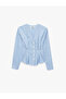 Cotton Long Sleeve V-Neck Buttoned Waist Accented Pleated Striped Shirt - 2