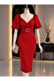 Self Belted Crepe Fabric Short Sleeve Dress 582439 Red - 2