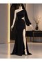 One Sleeve Deep Slit Crepe Evening Dress Evening Dress 582286 Black