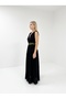 Women's Black V-Neck Belted Slit Detailed Muslin Bohemian Summer Long Dress