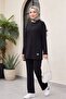 Crew Neck Lettering Detailed Combed Cotton Suit with Elastic Waist and Trousers - Black - 3
