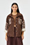 Women's Brown Italian Suede Shirt Jacket Leopard Patterned Pocket with Stones Oversize Wide Fit Size 40 - 46