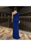 One Shoulder Slit Flowers Fabric Long Sleeve Dress Cobalt 583360 - 4