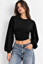 Women's Black Modal Long Sleeve Crew Neck Crop Blouse Stretchy Knitted Fabric - 2