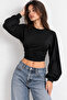 Women's Black Modal Long Sleeve Crew Neck Crop Blouse Stretchy Knitted Fabric - 4