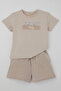 Boy's Shorts Set with Lettering Printed Shorts and Lacing Accessories, 1.5-5 Years Old, Beige - 4