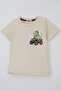 Boy's Shorts Set with Cool Atv Driver Dino Back Print Detail, Ages 3-8, Cream - 8