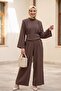 High Collar Pleated Detailed Pocketed Belted Strawberry Jumpsuit - Brown - 3