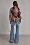 Burgundy Plaid Patterned Women's Shirt with Belted Waist |   Mkw1611527-1 - 6