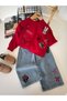 Mnn Bowknot Detailed Girls' Jeans and Pants Set - Red - 2