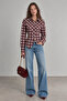 Burgundy Plaid Patterned Women's Shirt with Belted Waist |   Mkw1611527-1 - 2