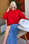 Red Oversize Soft Textured Crew Neck Women's Sweater - 3