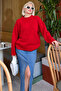 Red Oversize Soft Textured Crew Neck Women's Sweater - 2