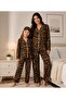 Girl's Suede Fabric Brown Leopard Pattern Shirt Collar Buttoned Long Sleeve Winter Pajama Set
