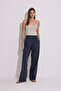 Striped Waist Elastic Trousers Navy Blue - 4