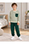Boy's 100% Cotton Beige Color Green Striped Long Sleeve Pocket Tracksuit Set