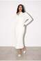 Cream Colored Long Sleeve Midi Dress with Tie Detail at the Neck - 2