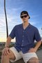 Men's Basic Polo Collar Navy Blue Summer Linen Shirt - 5