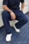Men's High Waist Elastic Navy Blue Linen Trousers - 5