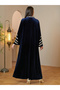 Navy Blue Embroidered Velvet Maxi Jalabiya - 5