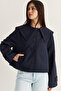 Women's Navy Blue Wide Collar Pocket Detailed Lined Buttoned Short Trench Coat 5020 60286504