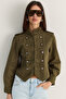 Women's Dark Green Mao Collar Decorative Buttoned Slim Fit Denim Napoleon Jacket 2955 60286503 - 2