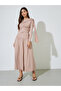 Nude Ruched Details Long Sleeve A-Line Maxi Dress - 3