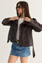 Women's Bitter Brown Stand Collar Epaulettes Belted Regular Fit Faux Leather Jacket 3178 60286513 - 6