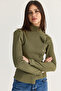 Women's Green Asymmetrical High Neck Button Detailed Knitted Blouse 575 60286492 - 3