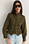 Women's Dark Green Mao Collar Decorative Buttoned Slim Fit Denim Napoleon Jacket 2955 60286503