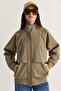 Women's Khaki Oversize Stand Collar Zippered Elastic Waist Lined Short Trench Coat 2820 60286510 - 6